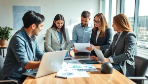 Audit Services in UAE: Professional team collaborating over financial reports in a modern office.