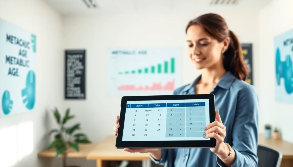 Calculate your metabolic age calculator with a woman using a digital tablet in a modern office.