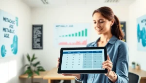 Calculate your metabolic age calculator with a woman using a digital tablet in a modern office.