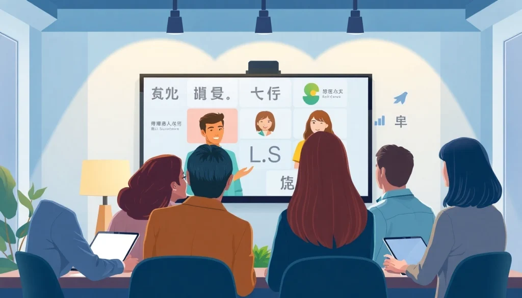 On-demand interpretation showcasing a diverse group in a video call with a professional interpreter.