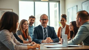 Business coach near me conducting a dynamic group session in a vibrant office.