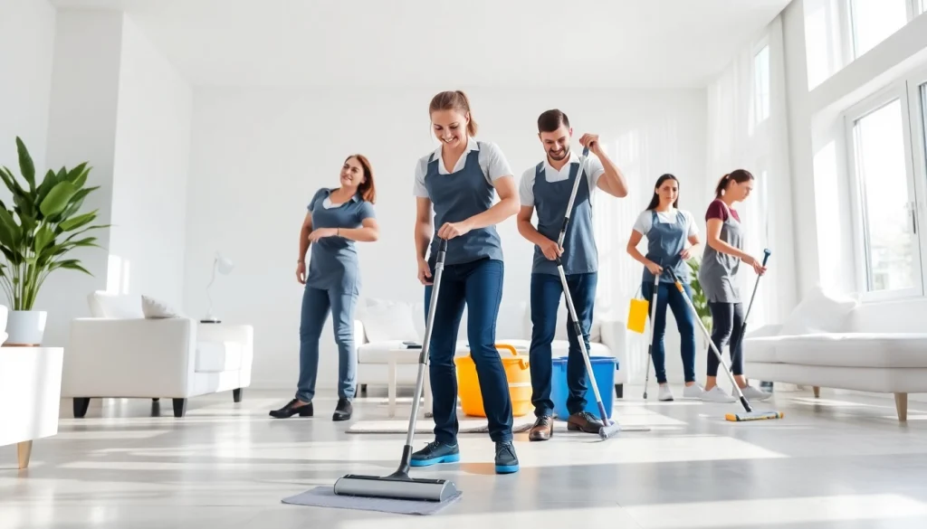 Cleaning service team efficiently tidying a bright and modern living room space.