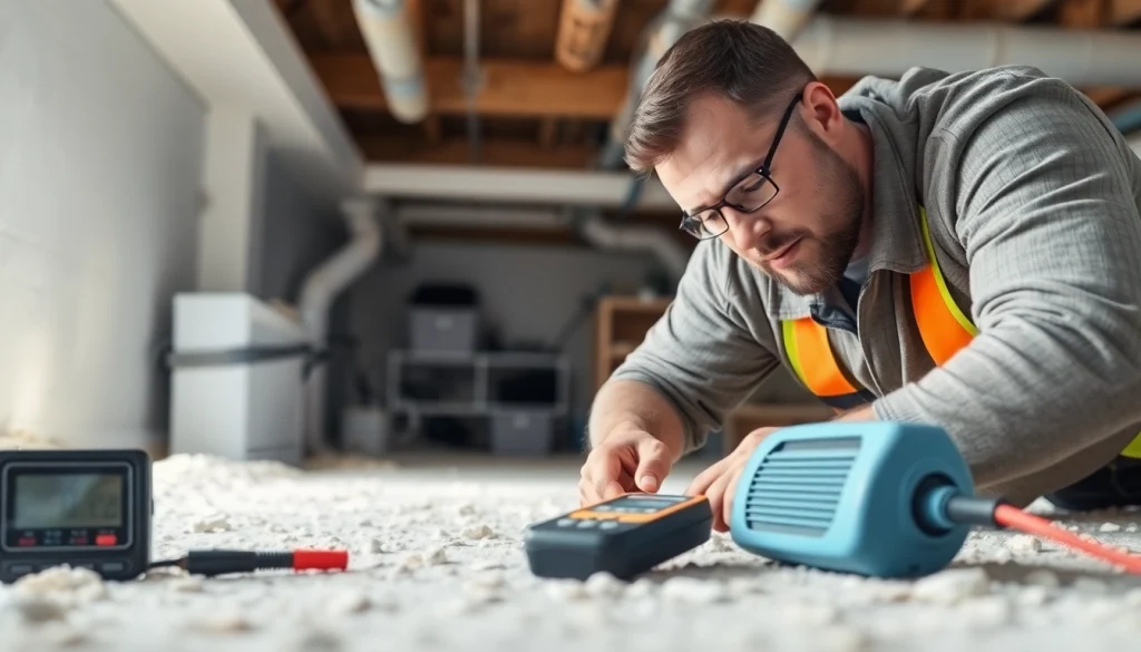 Inspecting moisture levels in a crawl space for http://newleafcrawlspace.com cleaning service.