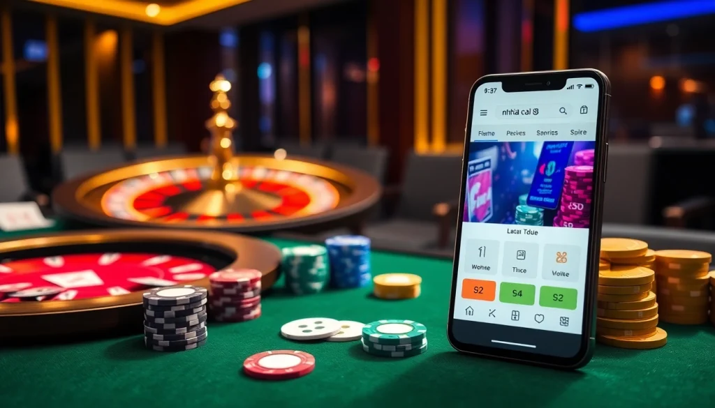 Engaging atmosphere of nhà cái s8 with poker cards, chips, and roulette wheel at a stylish casino.