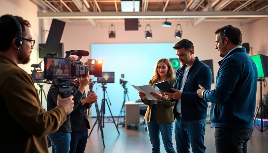 Creating an engaging corporate video production with a diverse team in a modern studio.
