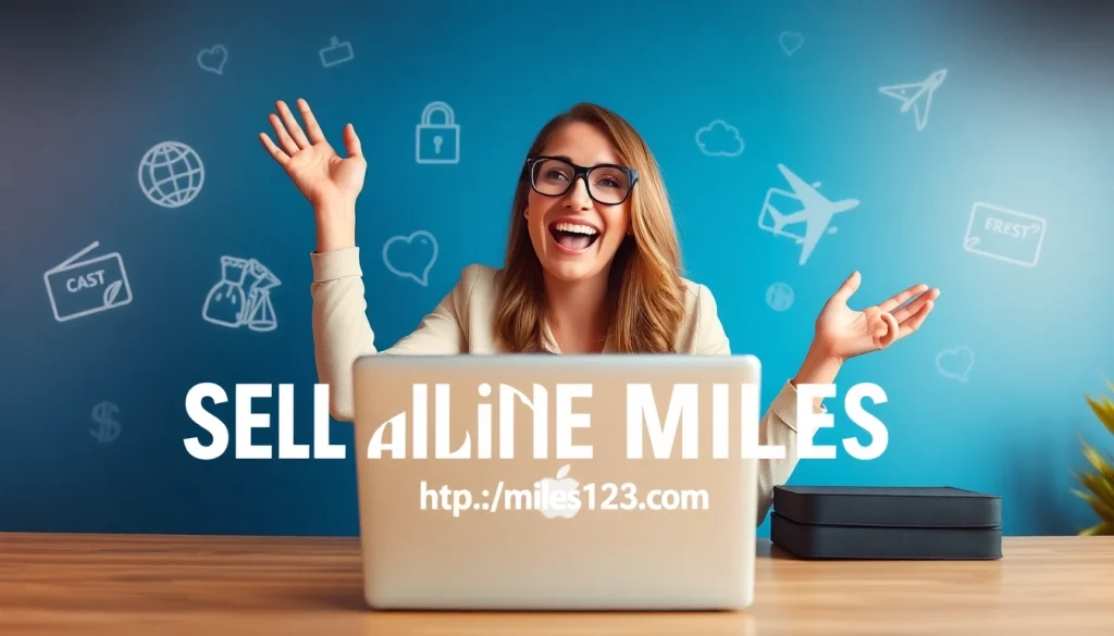 Sell airline miles easily at https://miles123.com with a joyful traveler and cash icons.