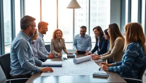 Engaging discussion among members of a construction association Wyoming in a modern conference room.