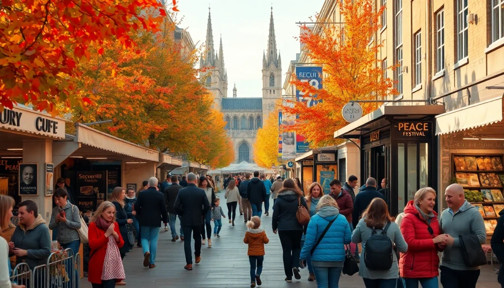 Vibrant Coventry street scene showcasing events in November including the Peace Festival and markets.