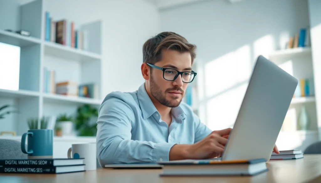 SEO expert analyzing digital metrics in a bright office setting.