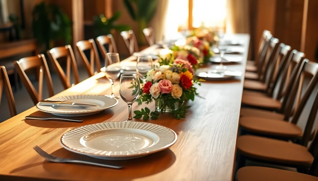 Set of elegant compostable wedding plates beautifully arranged on a decorated table.