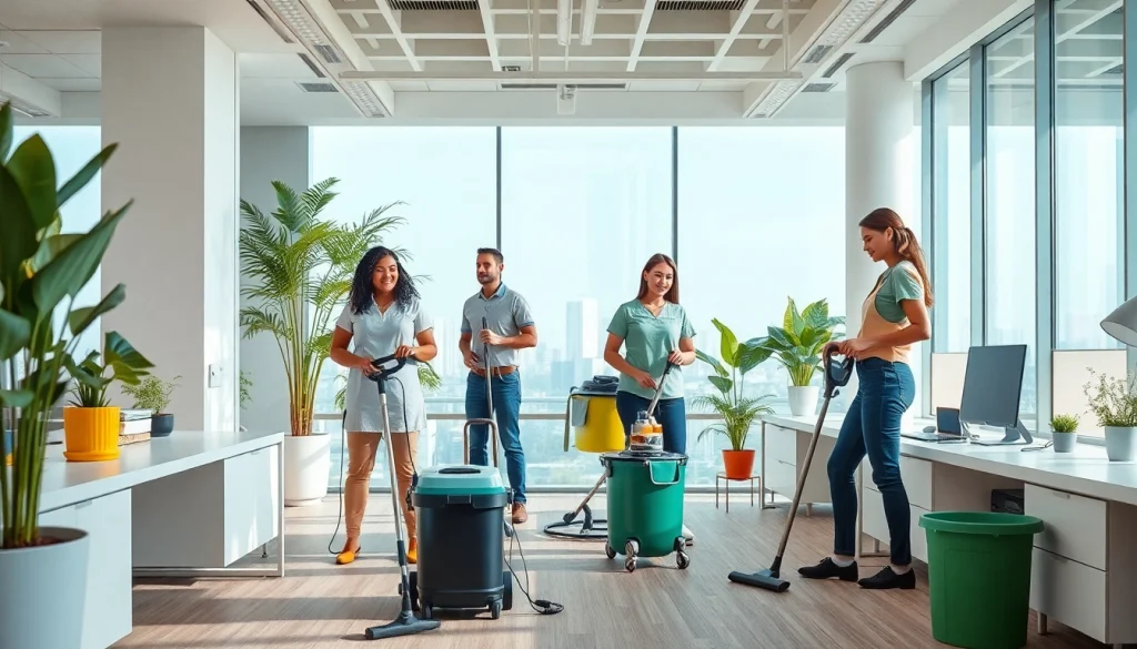 Professional team performing Office Cleaning Services Dubai in a bright, inviting office setting.