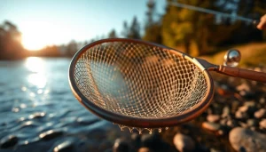 Showcasing a elegant fly fishing net in serene riverside setting with warm natural lighting.