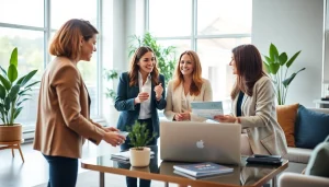 Real Estate office scene showcasing agents assisting clients in a welcoming environment.