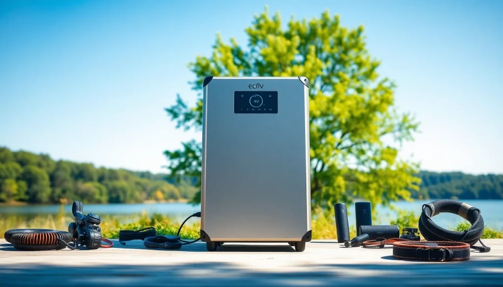 Showcase the ecoflow river 3 power station in a vibrant outdoor setting with nature.