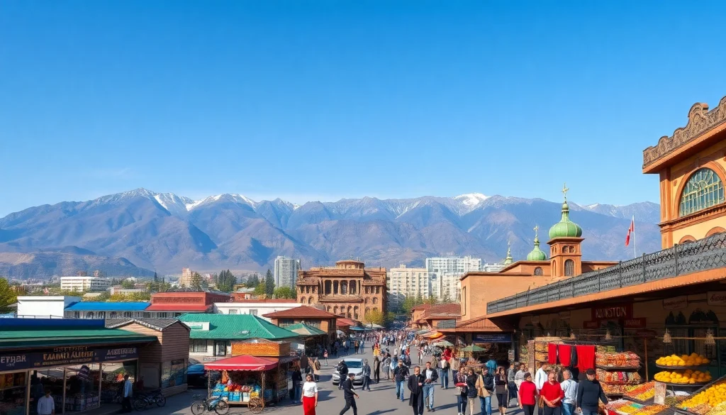 Experience vibrant Almaty street life at https://albmaftoh.com with mountains in the background.