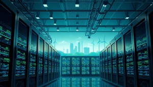Crypto mining facility showcasing advanced servers powered by renewable energy sources, exemplifying innovation and sustainability.