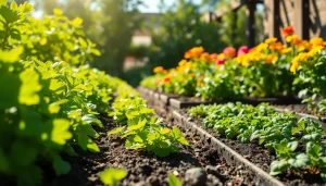 Gardening scene showcasing vibrant plants and flowers thriving in a sunny garden.