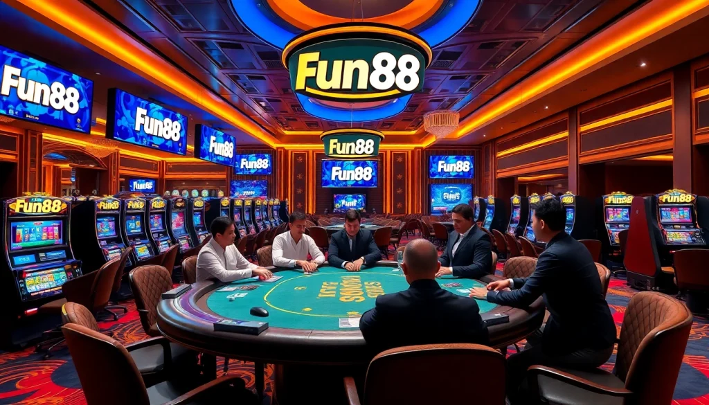 Players enjoying an exciting game at the Fun88 poker table in a lavish casino.