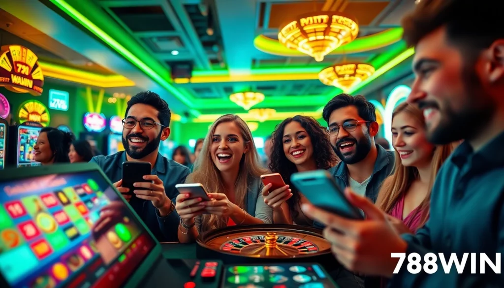 Players enjoying thrilling games at 78WIN's online casino with a vibrant atmosphere.