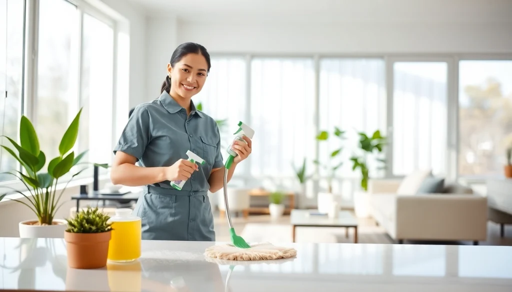Showcasing cleaning service with a professional cleaner tidying up a bright living room.