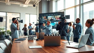 Creating engaging Corporate Video Production in a modern office with a collaborative team.