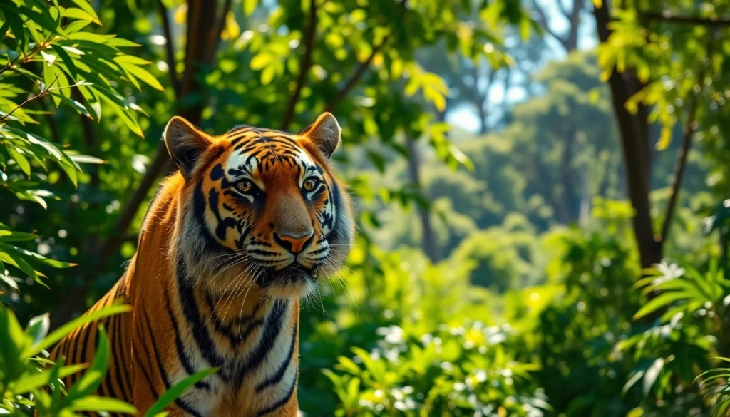 Admire pandachi.fr's breathtaking wildlife scene with a vibrant tiger in a lush jungle.
