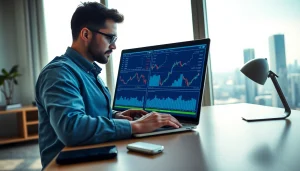 Trader using hotforex mt4 on a laptop with financial charts and a city view.