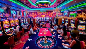 Engage with exciting toto slot games among glamorous casino tables and vibrant gaming action.