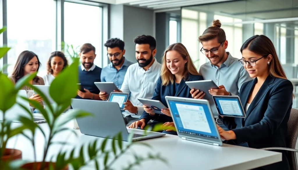 Professionals using WPS软件下载 in a modern office setting, showcasing AI-powered collaboration.