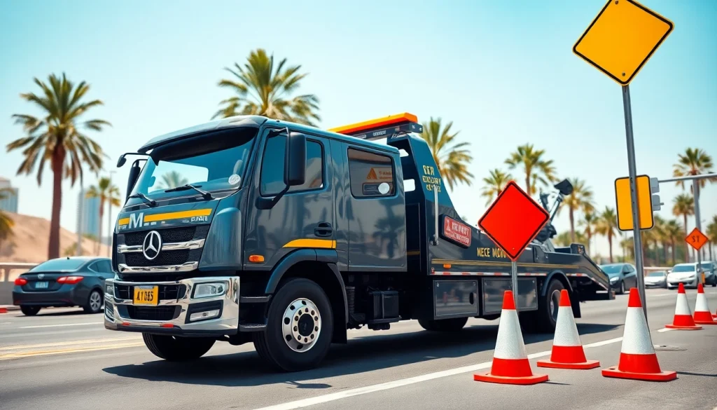 Swift car recovery by https://trtrecoveryuae.com in a vibrant Dubai backdrop with a professional tow truck.