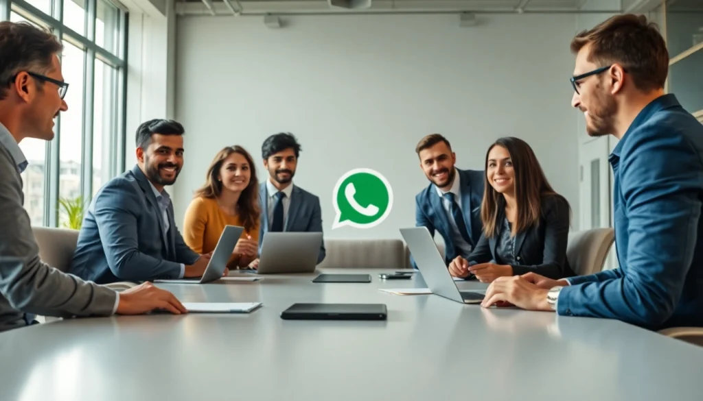 Engaging discussion about WhatsApp Business solutions at https://whatalker.com with diverse professionals in a modern office.