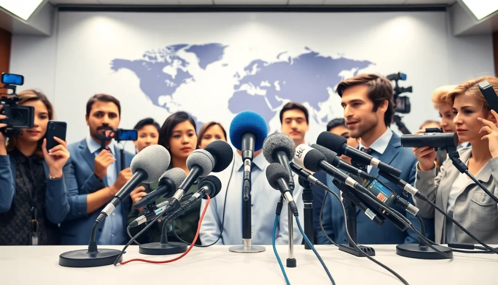 Journalists reporting on breaking news at https://news-parade.com.ua press conference with diverse backgrounds.