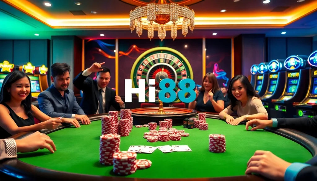 Players engaging in high-stakes poker at a luxurious Hi88 casino table, surrounded by chips and cards.