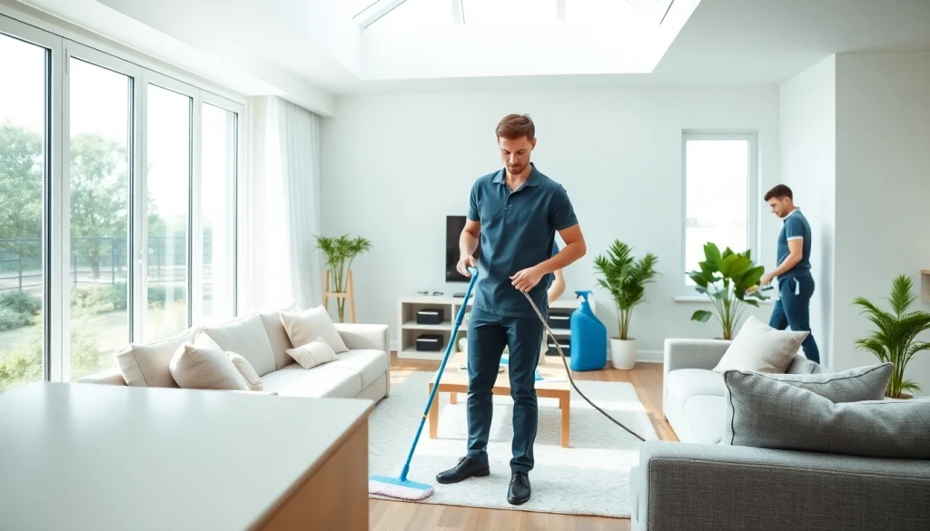 Cleaning company team working diligently in a bright home, showcasing their professionalism.