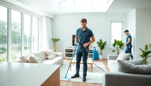 Cleaning company team working diligently in a bright home, showcasing their professionalism.