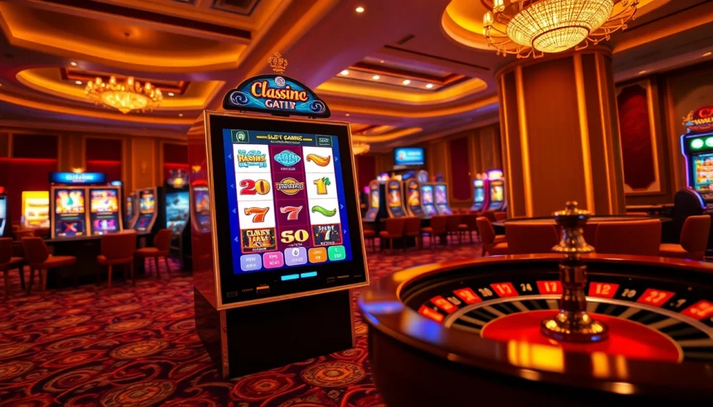 Experience thrilling online slots gameplay with vibrant graphics and luxury casino ambiance.