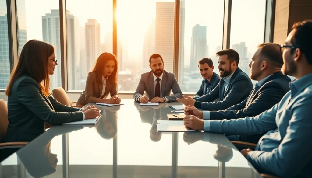Engaged professionals discussing business strategies in a bright modern office.