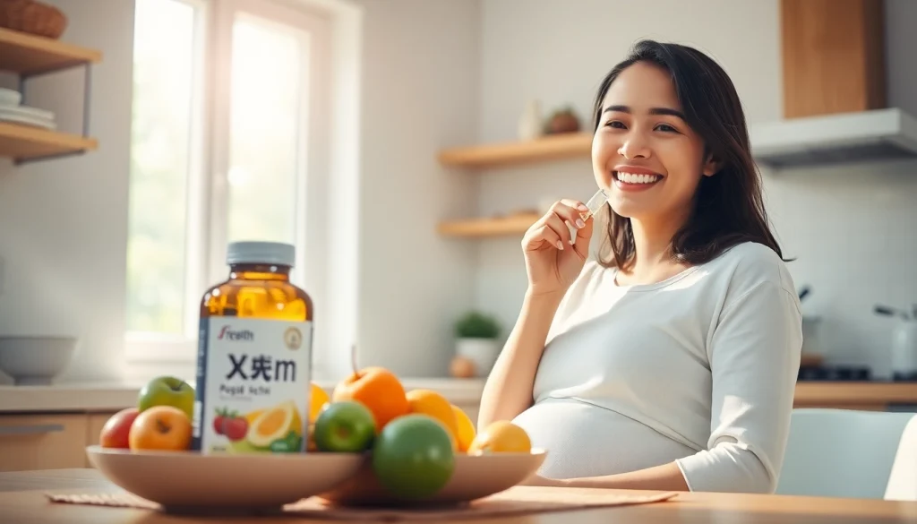 明るいキッチンで葉酸サプリを楽しむ妊婦さん、健康を象徴。