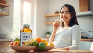 明るいキッチンで葉酸サプリを楽しむ妊婦さん、健康を象徴。