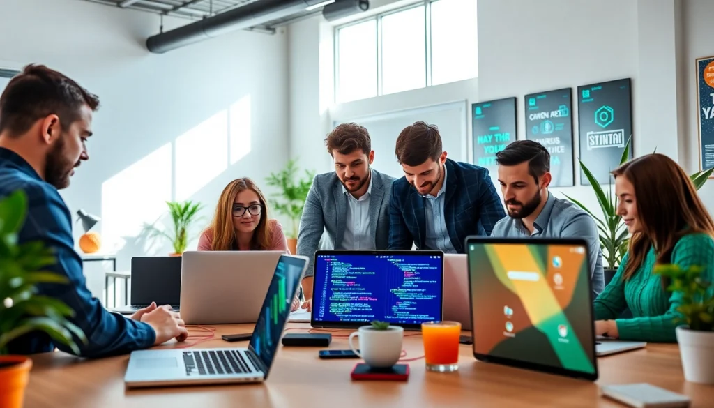 Engaged app development team collaborating on innovative projects in a vibrant office space.