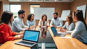 Analyzing competitor pricing strategies with a diverse business team in a modern office.