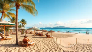 Travel destinations in December featuring a beautiful beach with sunny ambiance and festive decorations.