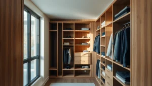 Closets showcasing organized shelves and compartments in a beautifully designed space.