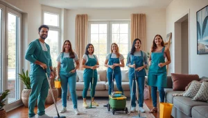 Cleaning service team providing eco-friendly cleaning solutions in a modern home environment.