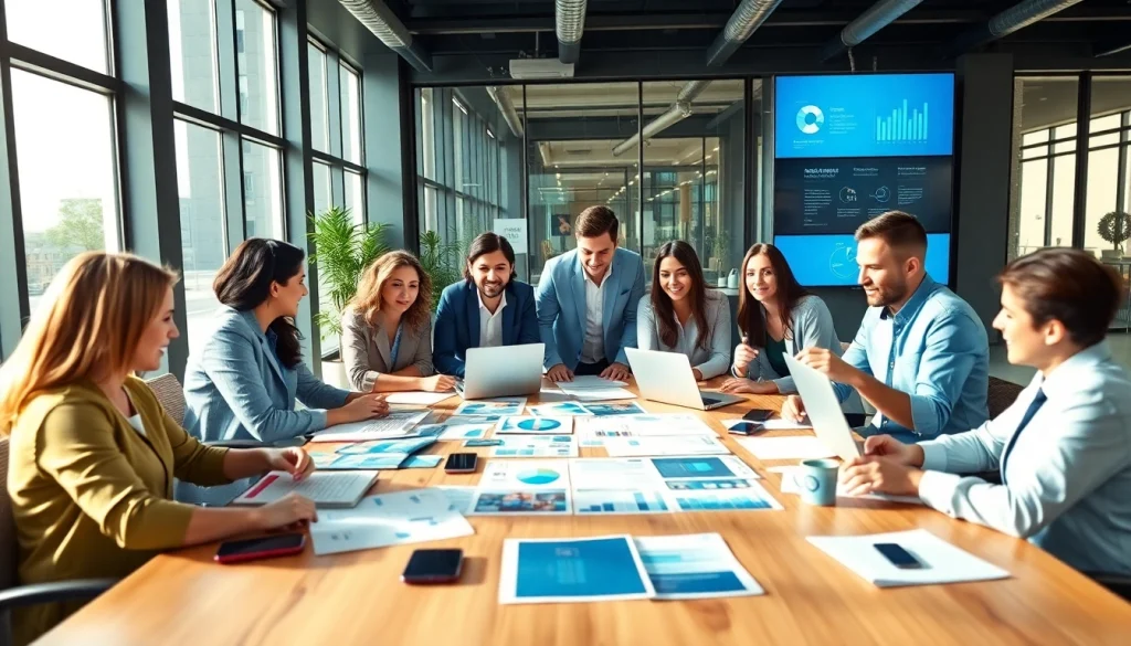 Dynamic team collaboration at social media marketing companies edmonton in a modern office setting.