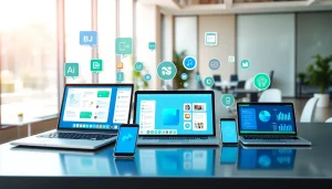 Find the best AI Tools displayed in a modern digital workspace with vibrant technology.