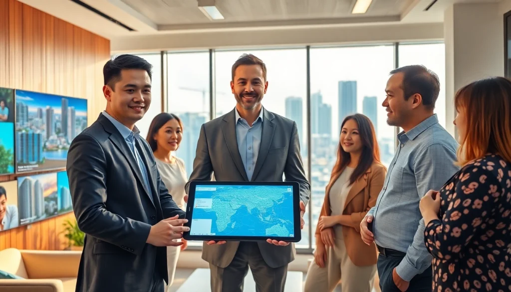 Engage with top new launches showcased by https://newdeveloperlaunch.sg in a modern real estate office.