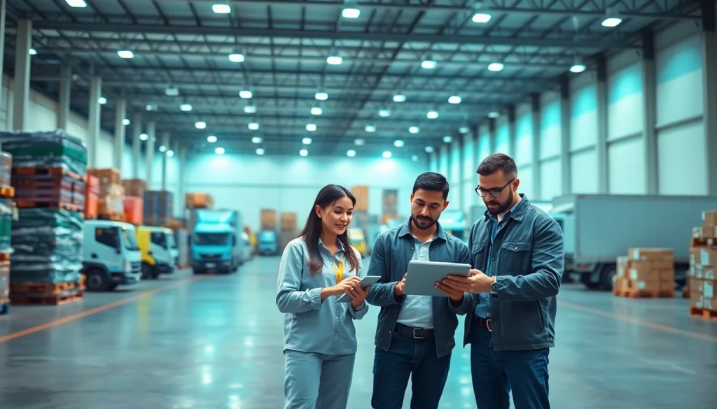 Optimize 3PL logistics operations with a diverse team strategizing in a modern warehouse.