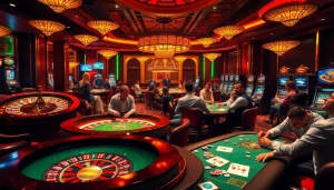 Aspiring gamblers enjoying a lively casino experience at https://juliealexanderart.com/section/ with poker tables and slot machines.