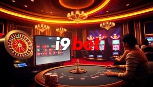 i9bet online casino showcasing vibrant slot machines and a roulette wheel for thrilling gameplay.